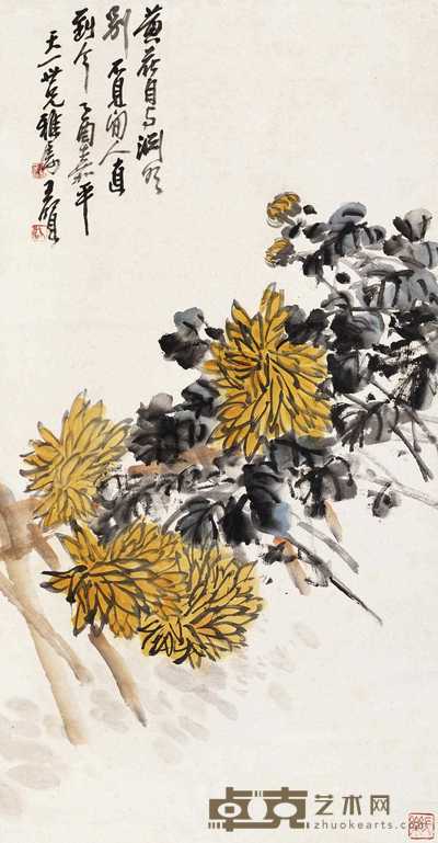 王个簃 1945年作 菊花图 立轴 72×38cm